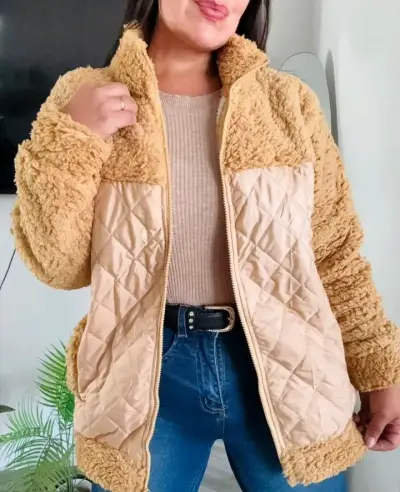 Chaqueta de corderito beige con cierre - miniatura 2