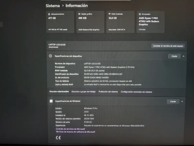 Laptop AMD Ryzen 7 PRO 32GB RAM - 1