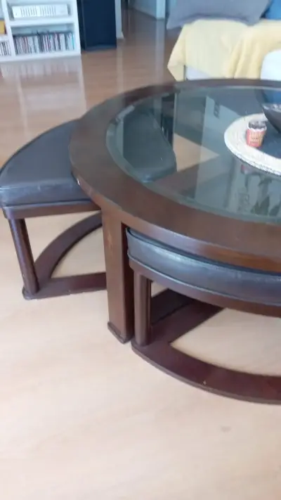 Mesa de centro redonda de vidrio y madera - miniatura 2