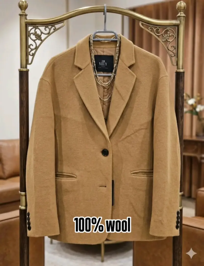 Blazer camel y celeste de lana - 3