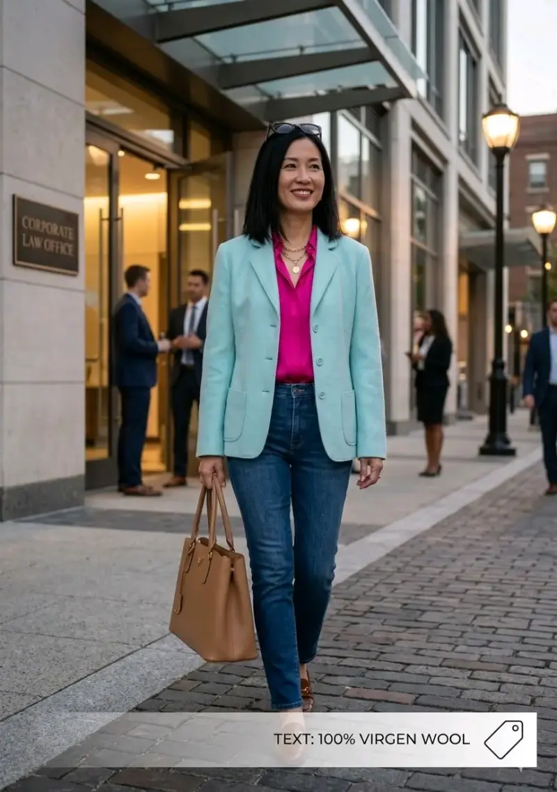 Blazer camel y celeste de lana - 6