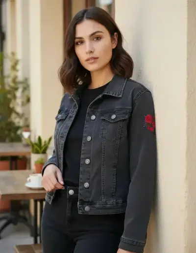 Chaqueta de mezclilla negra con bordado floral. - miniatura 3