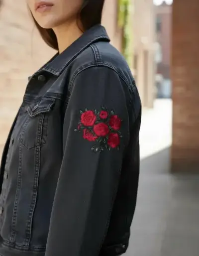Chaqueta de mezclilla negra con bordado floral. - miniatura 4