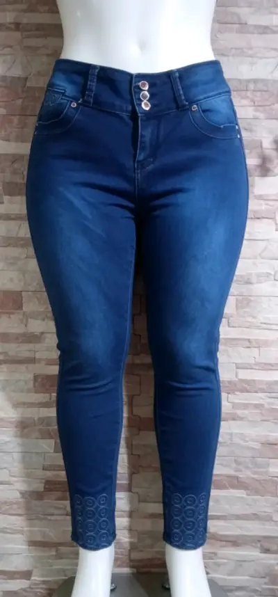Jeans ajustados azul oscuro para mujer - miniatura 1