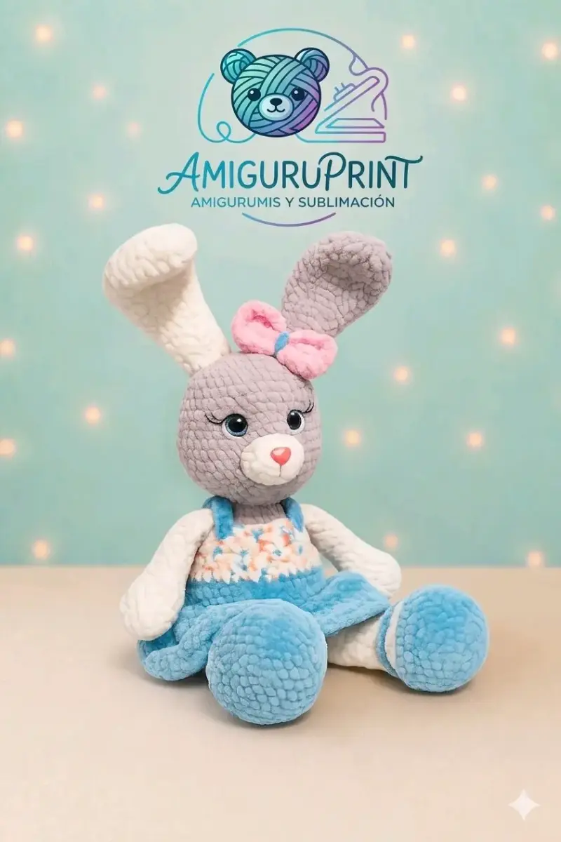 Conejo amigurumi hecho a mano con vestido azul - 1