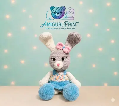 Conejo amigurumi hecho a mano con vestido azul - miniatura 2