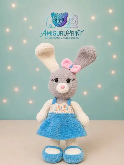 Conejo amigurumi hecho a mano con vestido azul - miniatura 3