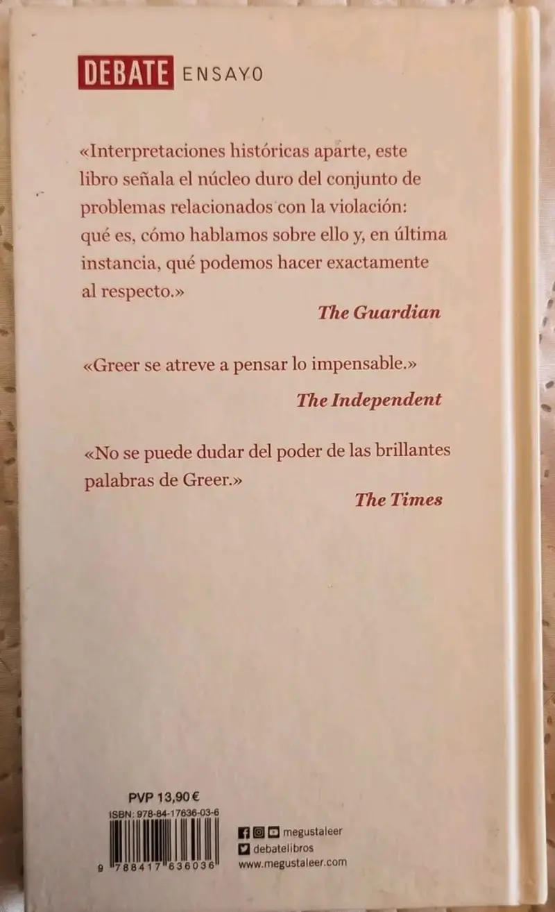 Libro 'Sobre la Vi*lación-  de Germaine Greer - 2