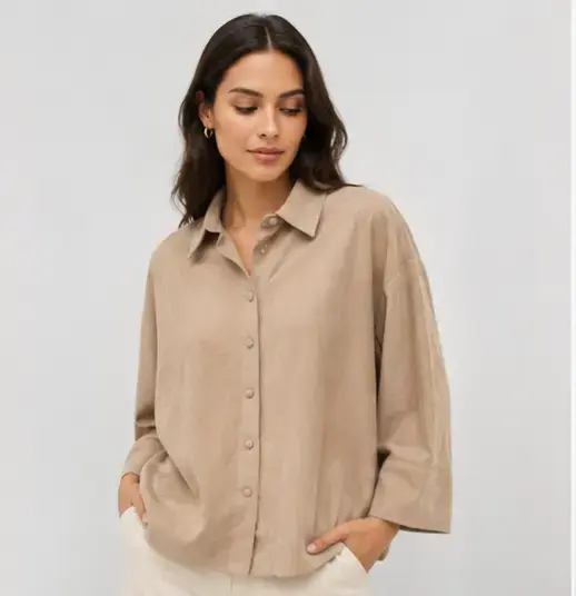 Blusa Zara- Beige gamuza manga ancha 3/4 oversize - 1