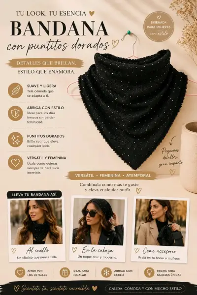 Bandana negra con puntitos dorados - miniatura 1
