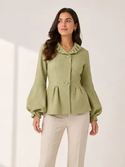 Chaqueta verde con volantes y mangas abullonadas - miniatura 1