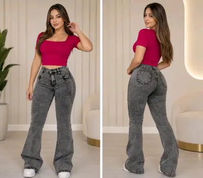 Jeans acampanados gris oscuro para mujer - miniatura 1