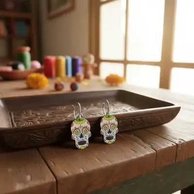 Aros calaveras madera estilo mexicano coloridos - miniatura 2