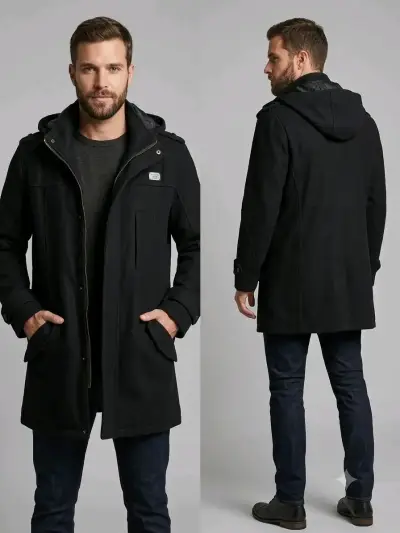 Abrigo negro con capucha para hombre - miniatura 1
