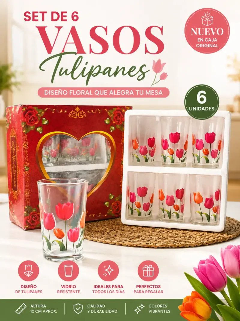 Set de 6 vasos de vidrio con diseño de tulipanes - 1