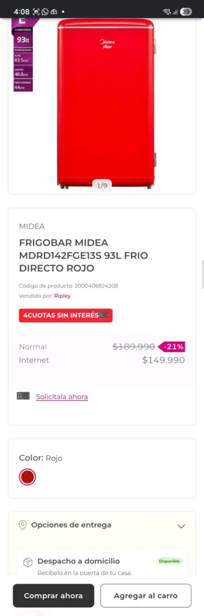 Refrigerador retro Midea rojo A+ - miniatura 4