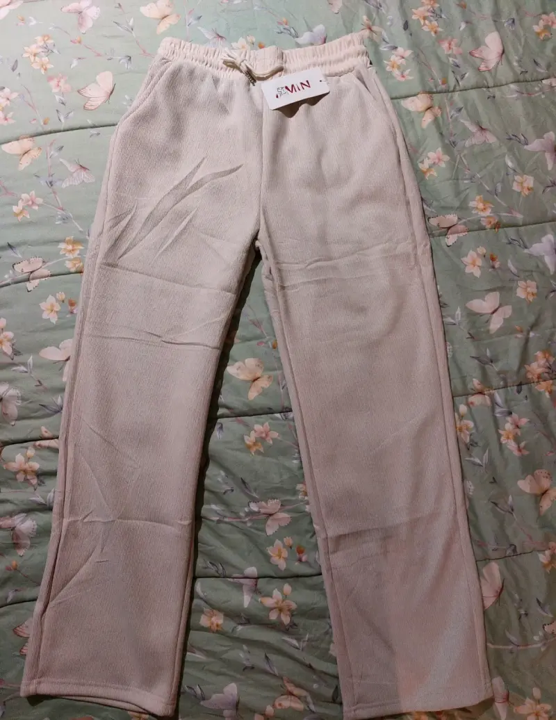 Pantalones de tela beige con elástico - 1
