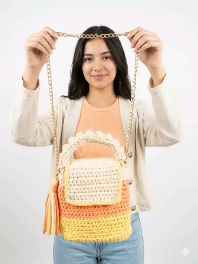 Bolso tejido a mano con cadena dorada - miniatura 1