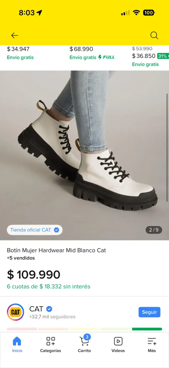 Botas blancas CAT de cuero con suela gruesa - 6