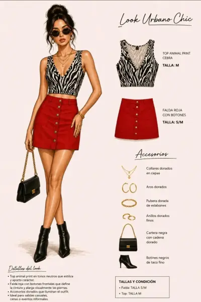 Falda roja con botones y top estampado cebra - miniatura 1