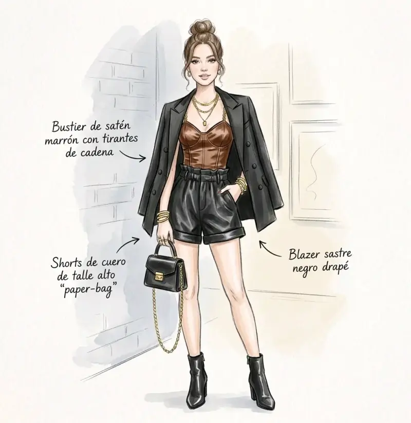 Conjunto elegante con blazer negro y bustier marrón - 1