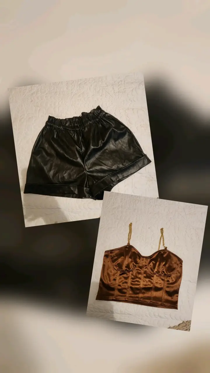 Conjunto elegante con blazer negro y bustier marrón - 2