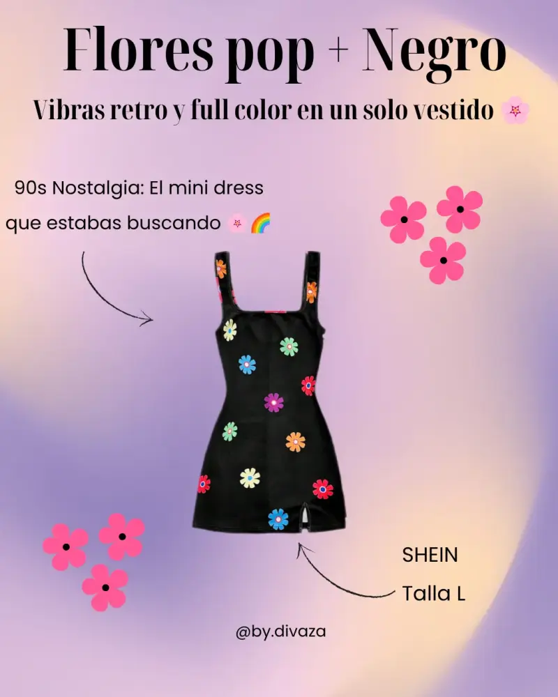 Vestido mini negro con flores pop retro