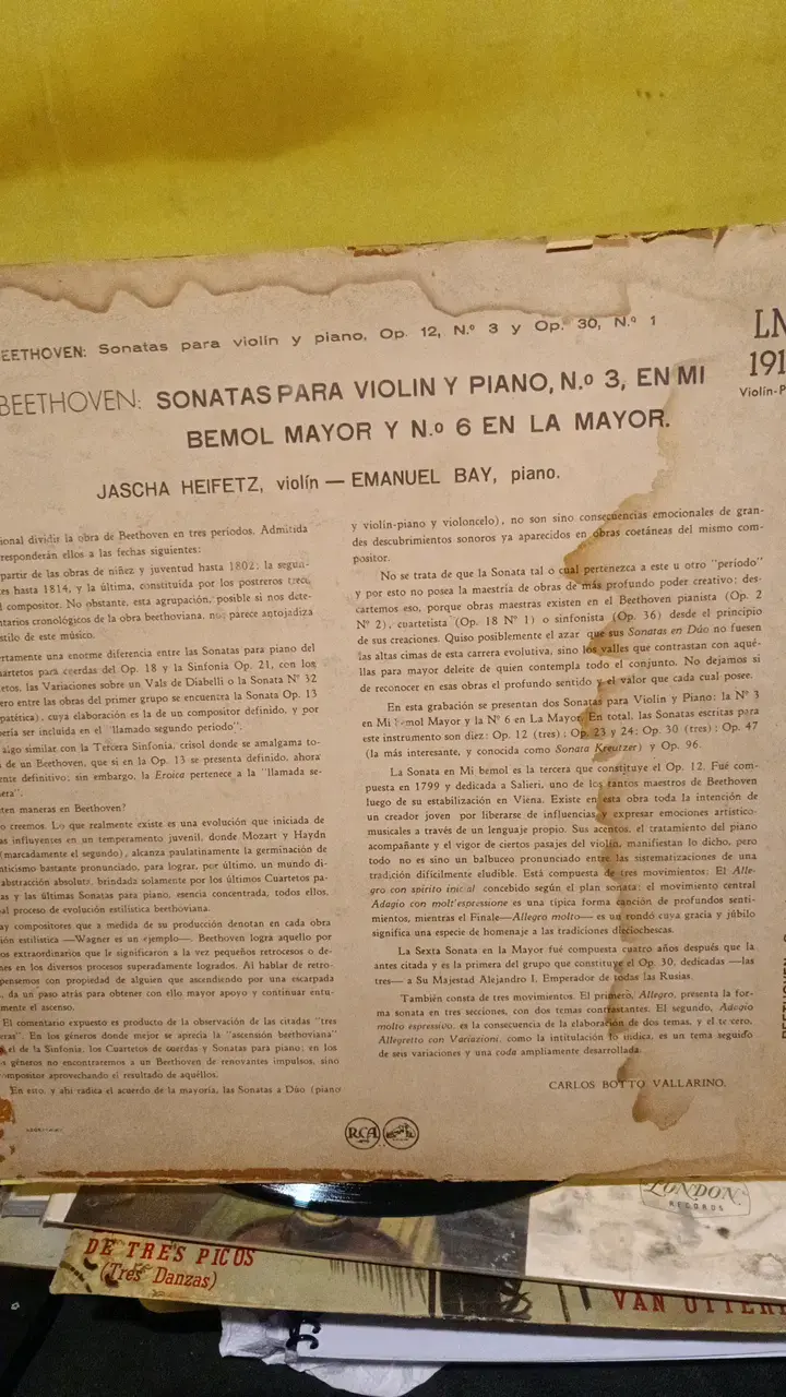 Vinilo Heifetz Beethoven Sonatas No. 3 y 6 - 2