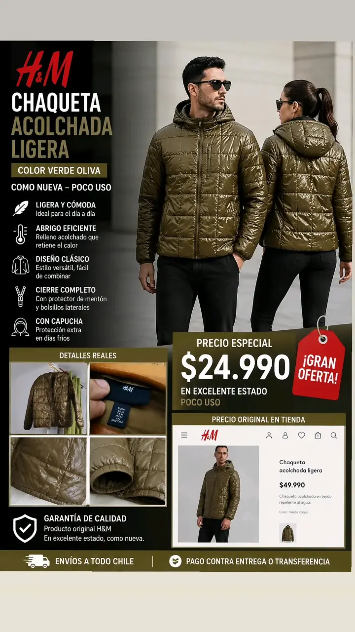 Chaqueta acolchada ligera H&M verde oliva