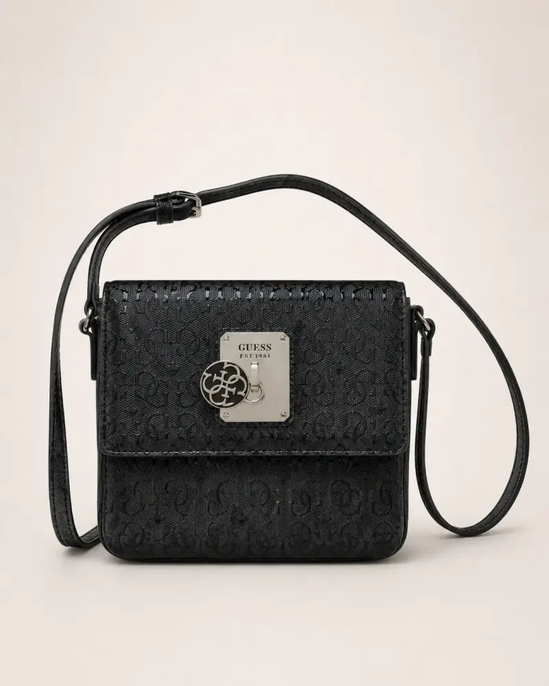 Cartera cruzada Guess negra con logo metálico
