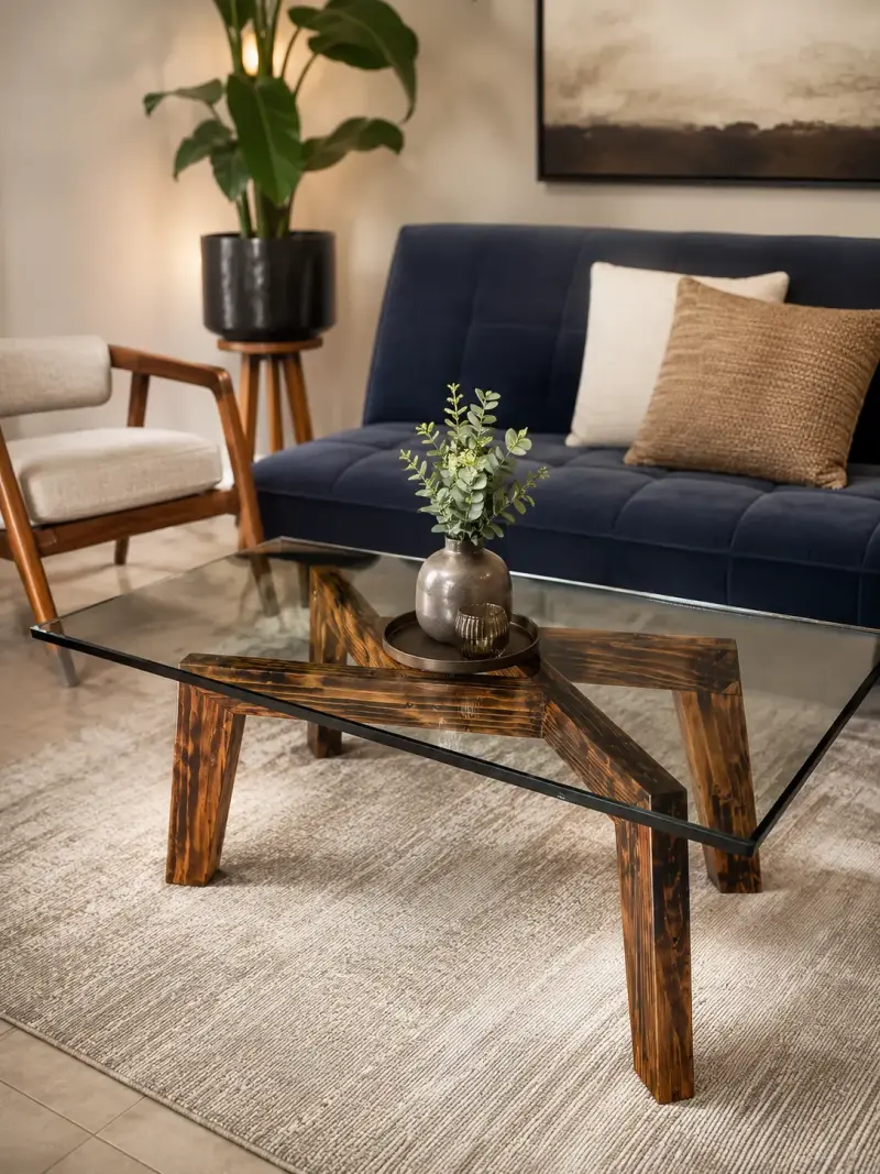 Mesa de centro de vidrio y madera moderna - 2