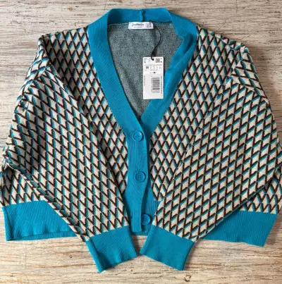 Cardigan de punto azul y marrón para mujer - miniatura 1