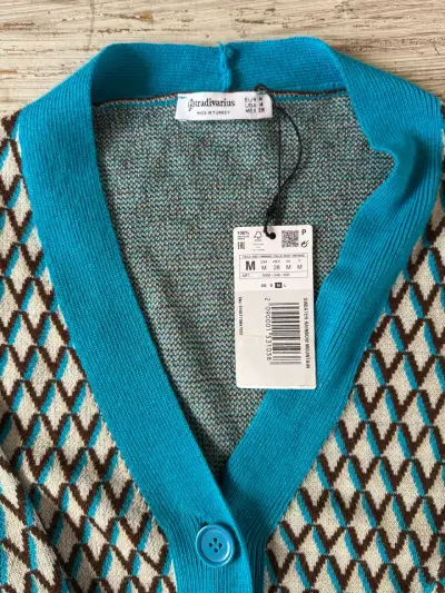 Cardigan de punto azul y marrón para mujer - miniatura 3
