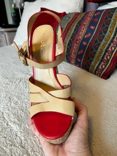 Sandalias de plataforma corcho y cuero beige - miniatura 2