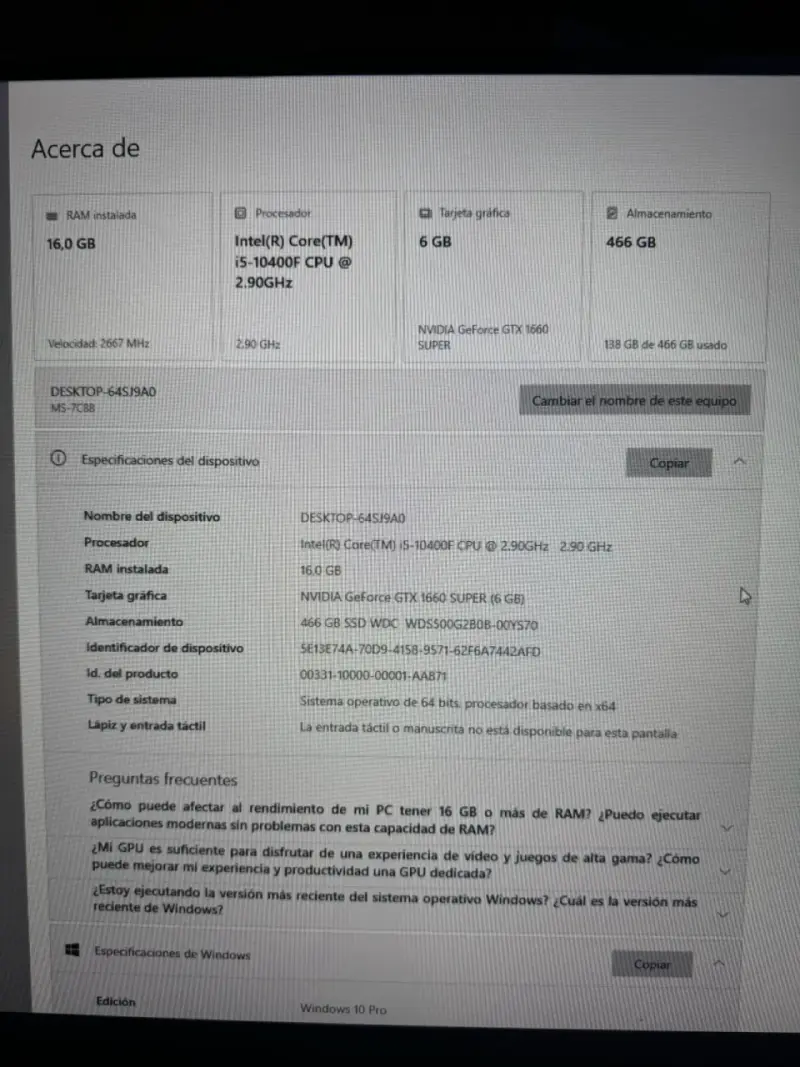PC gamer Intel core I5 - 10400f con Nvidia G - 4