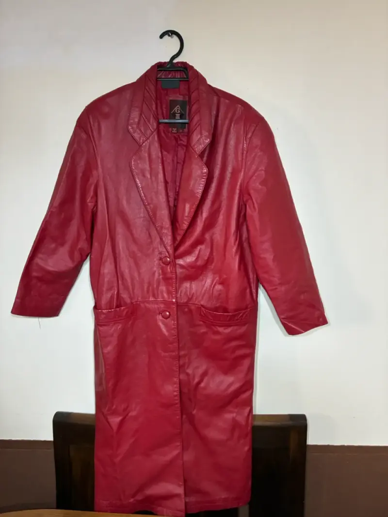 Abrigo largo de cuero genuino rojo vintage talla S - 1