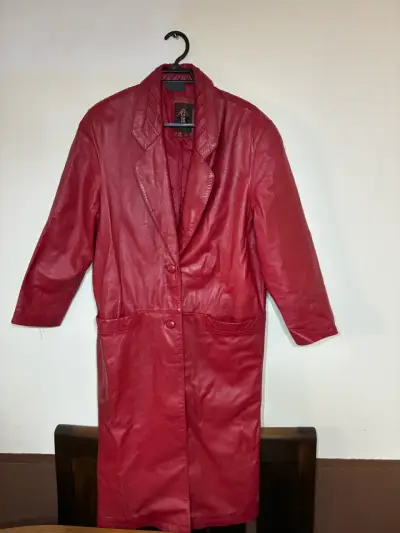 Abrigo largo de cuero genuino rojo vintage talla S - miniatura 1
