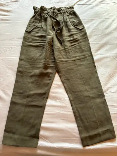 Pantalones de lino verde oliva con cintura ajustable - miniatura 1