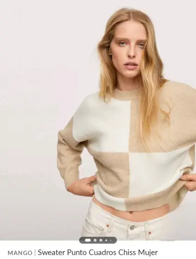 Sweater Mango punto cuadros beige y blanco - miniatura 1
