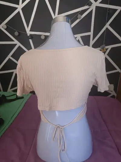 Crop top beige de canalé - miniatura 2