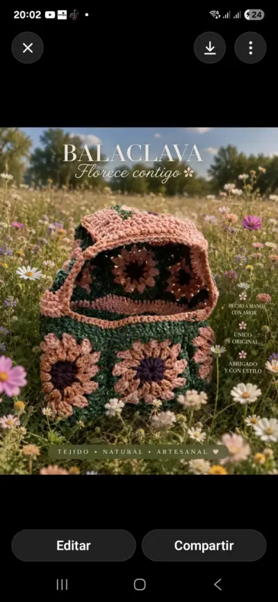 Balaclava crochet tejido a mano con diseño floral - miniatura 2