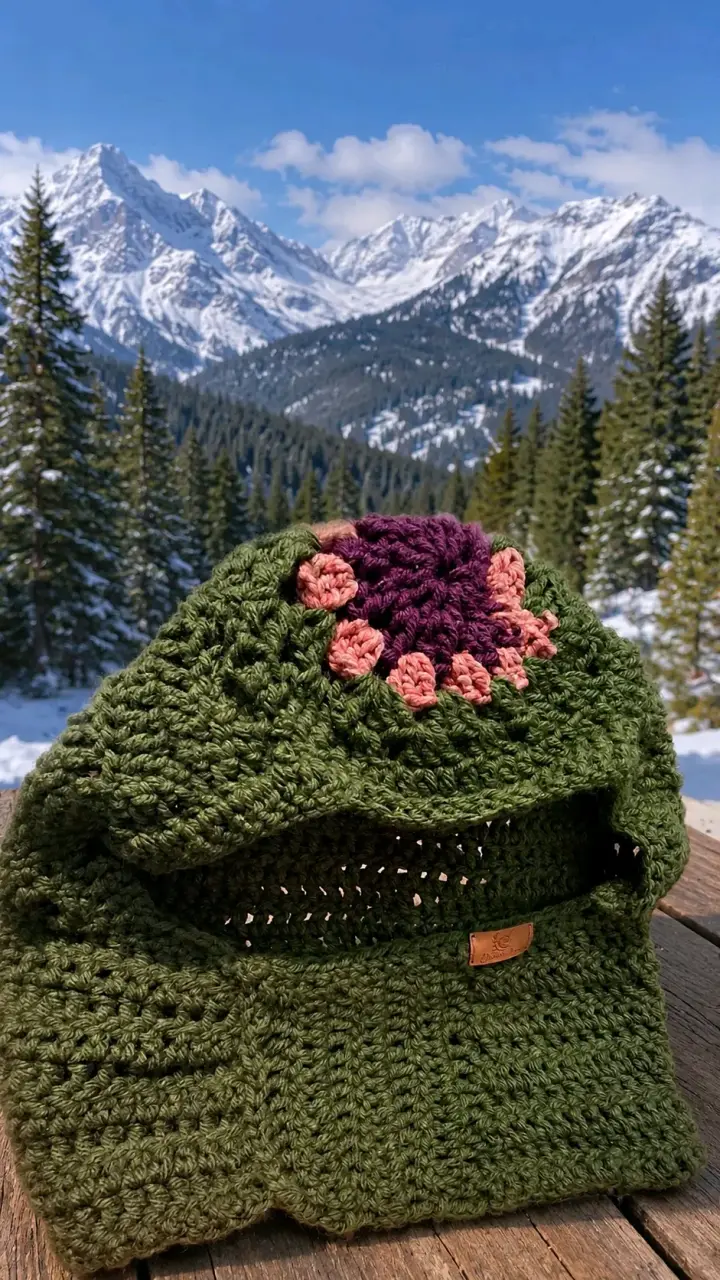 Gorro tejido a crochet verde con flores