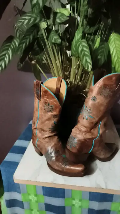 Botas vaqueras de cuero marrón con bordado - miniatura 1