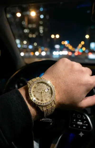 Reloj de lujo dorado con brillantes - miniatura 1