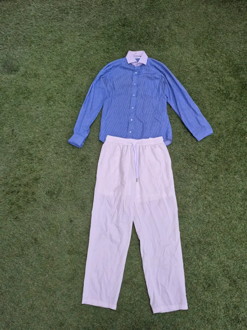 Conjunto camisa azul y pantalón blanco - 1