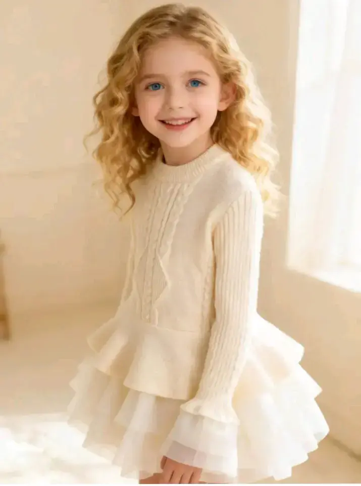 Vestido de punto para niñas color crema - 2