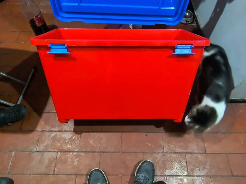 Contenedor de plástico rojo con tapa azul 100lts - 1