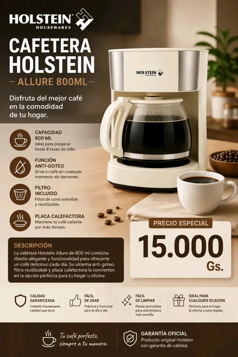 Cafetera Holstein Allure 800ml con filtro reutilizable