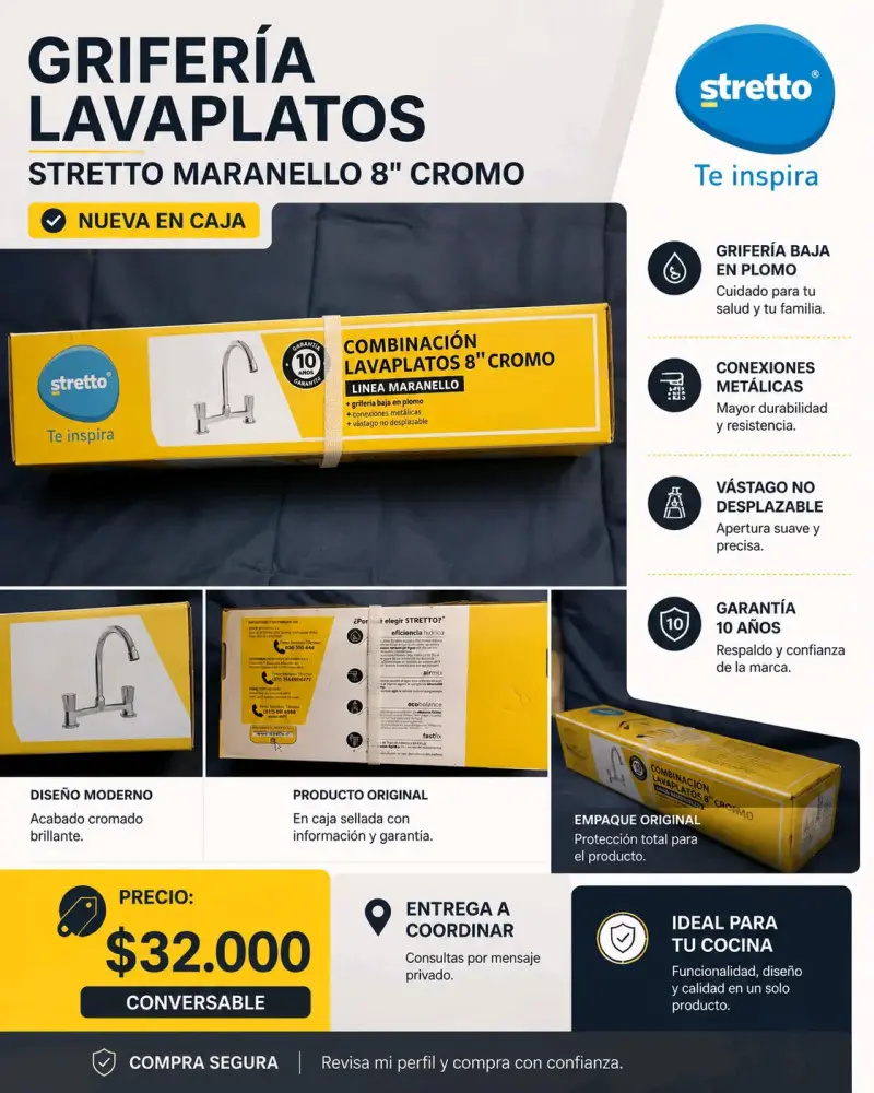 Grifería lavaplatos Stretto Maranello 8" cromo - 1