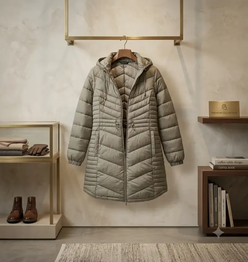 Abrigo acolchado beige con capucha
